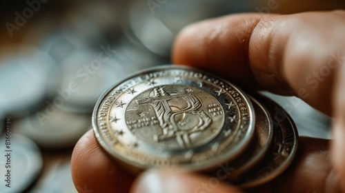 A close-up of a hand holding a silver coin with a euro symbol