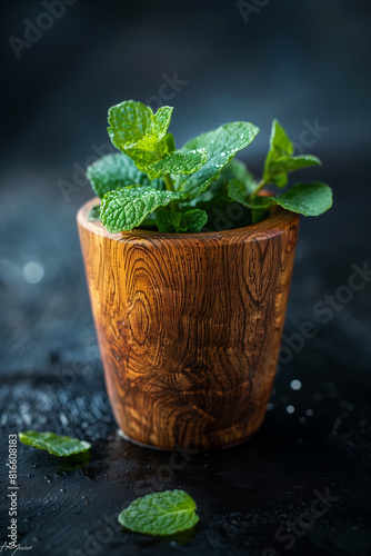 A petite mint herb, primarily grown for its culinary and aromatic qualities, is prospering in a quaint wooden pot as a domestic botanical adornment.
