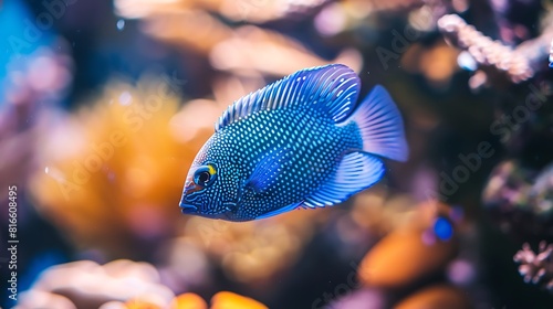 Aquamarine blue tropical fish swimming in a coral reef, colorful and enchanting.