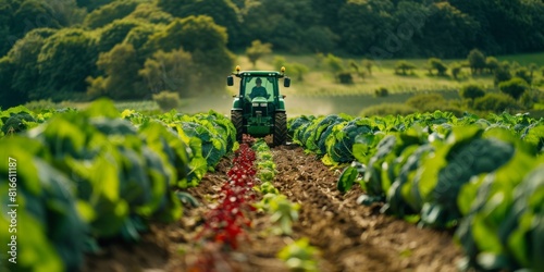 A farmer driving a tractor between rows of organic cauliflower.
