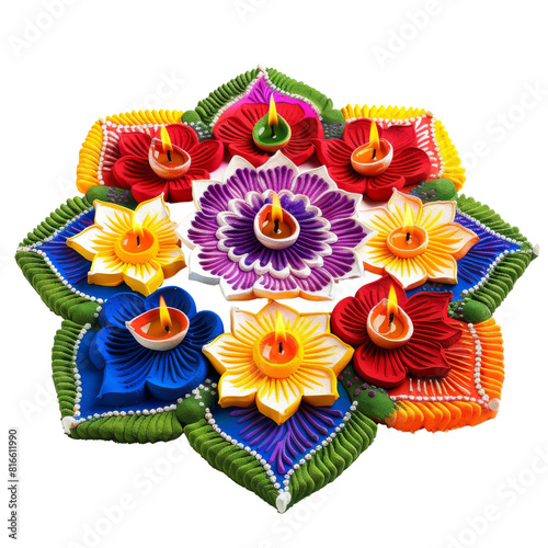 Vibrant Diwali Rangoli Design with Intricate Patterns, Isolated without Background.