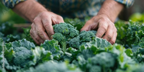 A farmer inspecting the leaves of organic broccoli for signs of pests or disease.