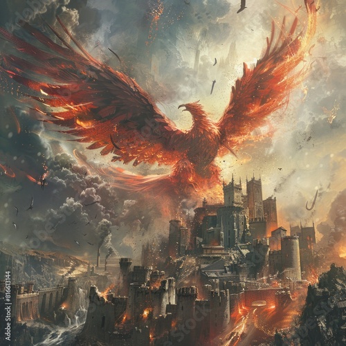 A majestic phoenix rising from the ashes of a destroyed city.