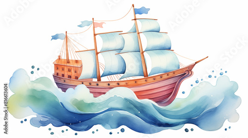 Illustration of a sailboat on a wavy sea, isolated on a white background. Watercolor depiction of a vessel and ocean waves with splashes. Colorful navy art for your design.