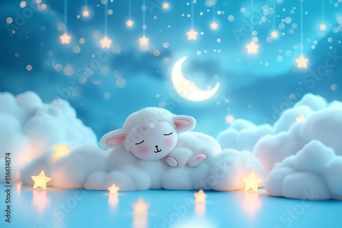 Sleeping Lamb on Clouds Under Starry Nightv