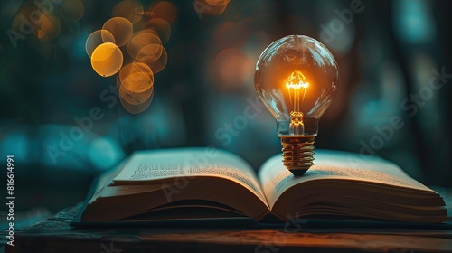Open textbook with a glowing light bulb on top. Light bulb symbolizing new ideas from books.