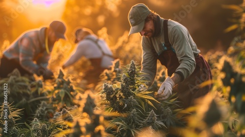 A group of workers harvesting cannabis plants in the early morning