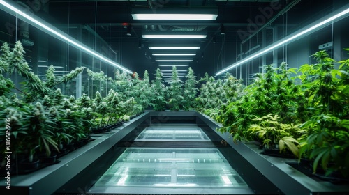A high-tech lab with cannabis plants in hydroponic systems under controlled lighting