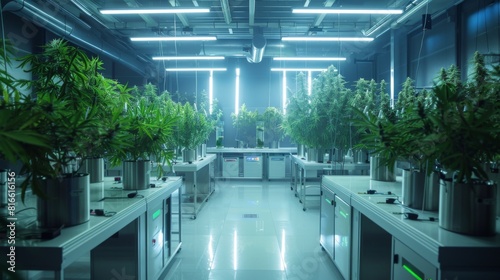 A high-tech lab with sensors monitoring the conditions of cannabis plants