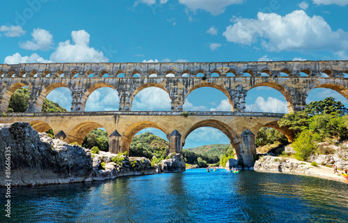 The Pont du Gard is an ancient Roman aqueduct, that is depicted on five euro note. Summer 2022.