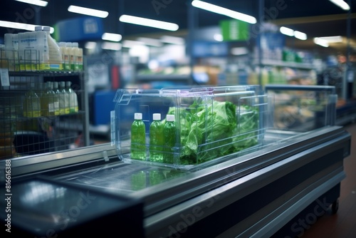 Grocery cart against the background of self-service store and supermarket shelves. Concept: purchasing products and selecting ingredients, social goods