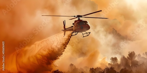 Helicóptero combatiendo un incendio en una zona boscosa. Concept Aviación de emergencia, Incendios forestales, Rescate aéreo, Helicóptero de combate, Gestión de desastres,