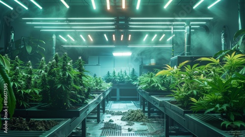 A laboratory with cannabis plants growing under controlled lighting systems