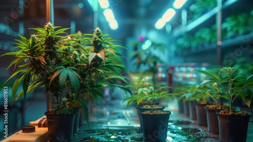 A laboratory with cannabis plants in various stages of growth under LED lighting