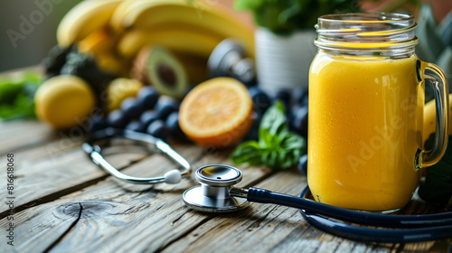 Mason jar of tasty yellow smoothie with ingredients an