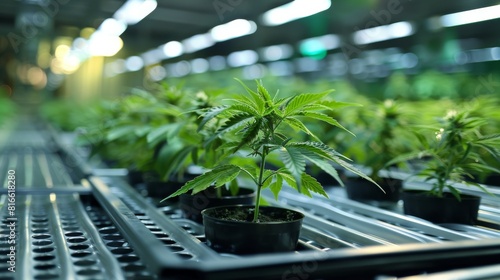 A laboratory with rows of cannabis plants growing in hydroponic trays