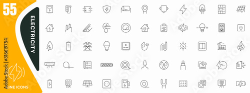 Electricity, electrical energy line icons set. Electricity, electric power line, light, light bulb and electrical equipment outline icon collection. Thin outline icons pack