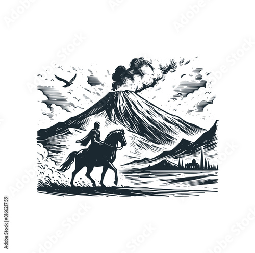 The vesuvius mount eruption. Black white vector illustration.