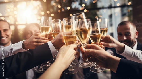Group of cheerful friends toasting with champagne flutes at a party