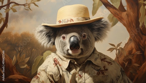 koala wearing a straw hat and hawaiian shirt