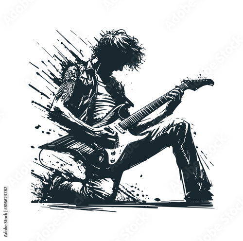 The guitarist. Black white vector illustration logo. 