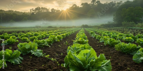An early morning scene of an organic lettuce field, with mist rising as the sun warms the earth.