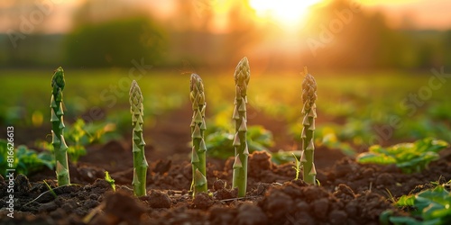 An organic asparagus field at dawn, with the spears highlighted by the first light.