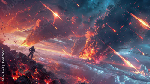 Fantasy scene of warriors using meteors as weapons in a celestial war, epic and otherworldly