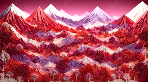 Paper collage. Trees. Paper art. Mountains. Trees. Landscape made of paper. Ruby Red, Garnet, Amethyst, Light Amethyst, Red, Purple. 1