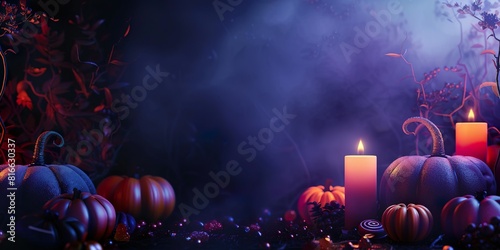 A purple halloween background with a bunch of pumpkins and candles. The candles are lit and the pumpkins are arranged in a row