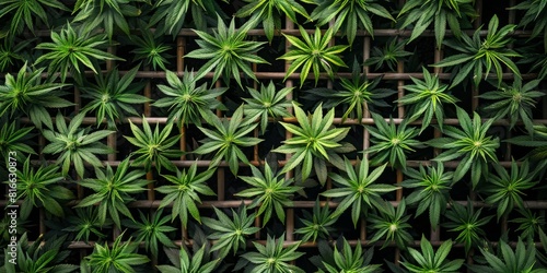 Cannabis plants arranged in a lattice pattern, viewed from above, emphasizing symmetry and order.