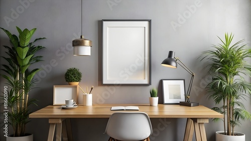 Frame mockup, ISO A paper size. Home Office wall poster mockup. Interior mockup with office background. Modern interior design. 3D render