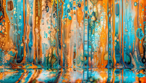 abstract background, vibrant colored oily liquid flowing along a wall and pooling on the floor, making streaks and colorful patterns, wide 16:9