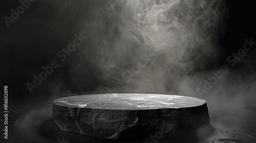 Abstract black background with rock podium for product presentation, 
