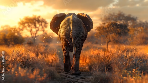 Majestic Elephant Silhouette Trekking Through Sunlit Savannah Landscape