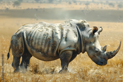 Majestic Rhinoceros Grazing in Savannah Landscape