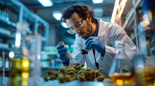 Close-up of a lab technician preparing cannabis samples for analysis
