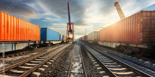 Global transport hub cranes load cargo from sea vessels onto freight cars. Concept Transportation, Logistics, Cargo Handling, Sea Port Operations, Freight Transportation