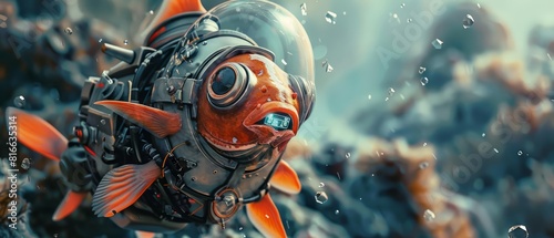 A cute charismatic closeup of a fish in a submarine captains uniform, exploring underwater ruins with a cyberpunk 80s styles hologram, amidst a blurred oceanic backdrop