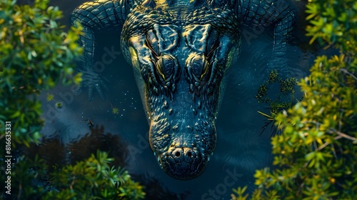 Menacing Beauty of an Alligator Captured in Overhead View Showcasing Powerful Predatory Presence