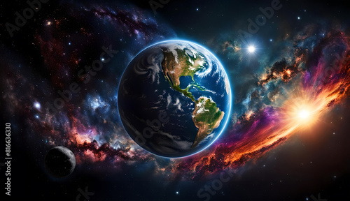 Erdball Planet Erde blau mit Mond vor einem bunt leuchtenden Universum All Weltall voller ferner Sterne, Galaxien beleuchtet von der Sonne, Hintergrund und Vorlage Astronomie und Wissenschaft globale