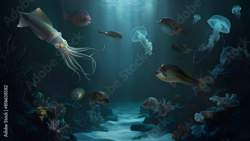 Enchanting deep-sea realm with giant squid, luminous jellyfish, and eerie anglerfish.