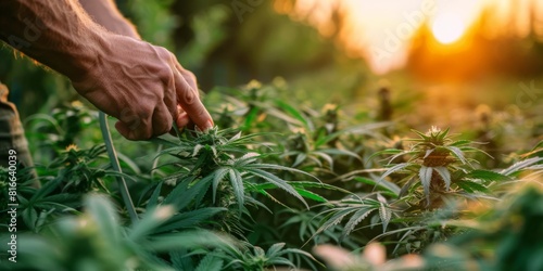 Farmers hand-picking bugs from cannabis plants, showcasing organic pest management.