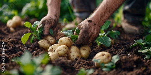 Organic potatoes being harvested manually from the soil.