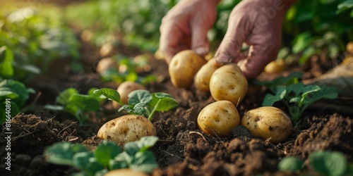 Organic potatoes being harvested manually from the soil.