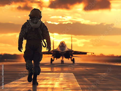 Military pilot strides to jet on runway at dusk