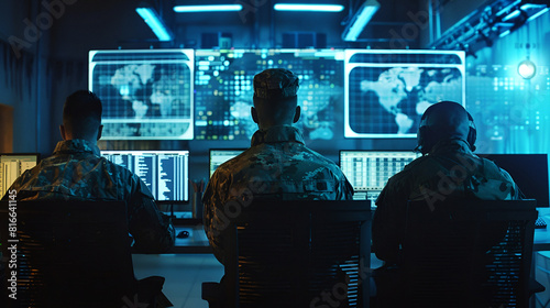 Military personnel monitoring global activity in a command center