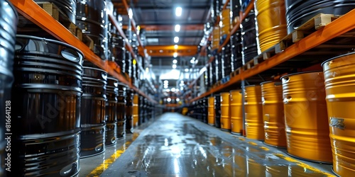 Storage of chemical products and fuel in an industrial warehouse within a logistic environment. Concept Industrial Safety, Hazardous Materials, Regulatory Compliance, Warehouse Management