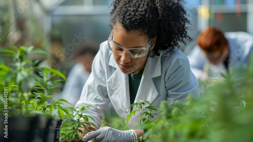 Researchers in lab coats taking notes on cannabis plant growth