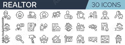 Set of 30 outline icons related to realtor. Linear icon collection. Editable stroke. Vector illustration